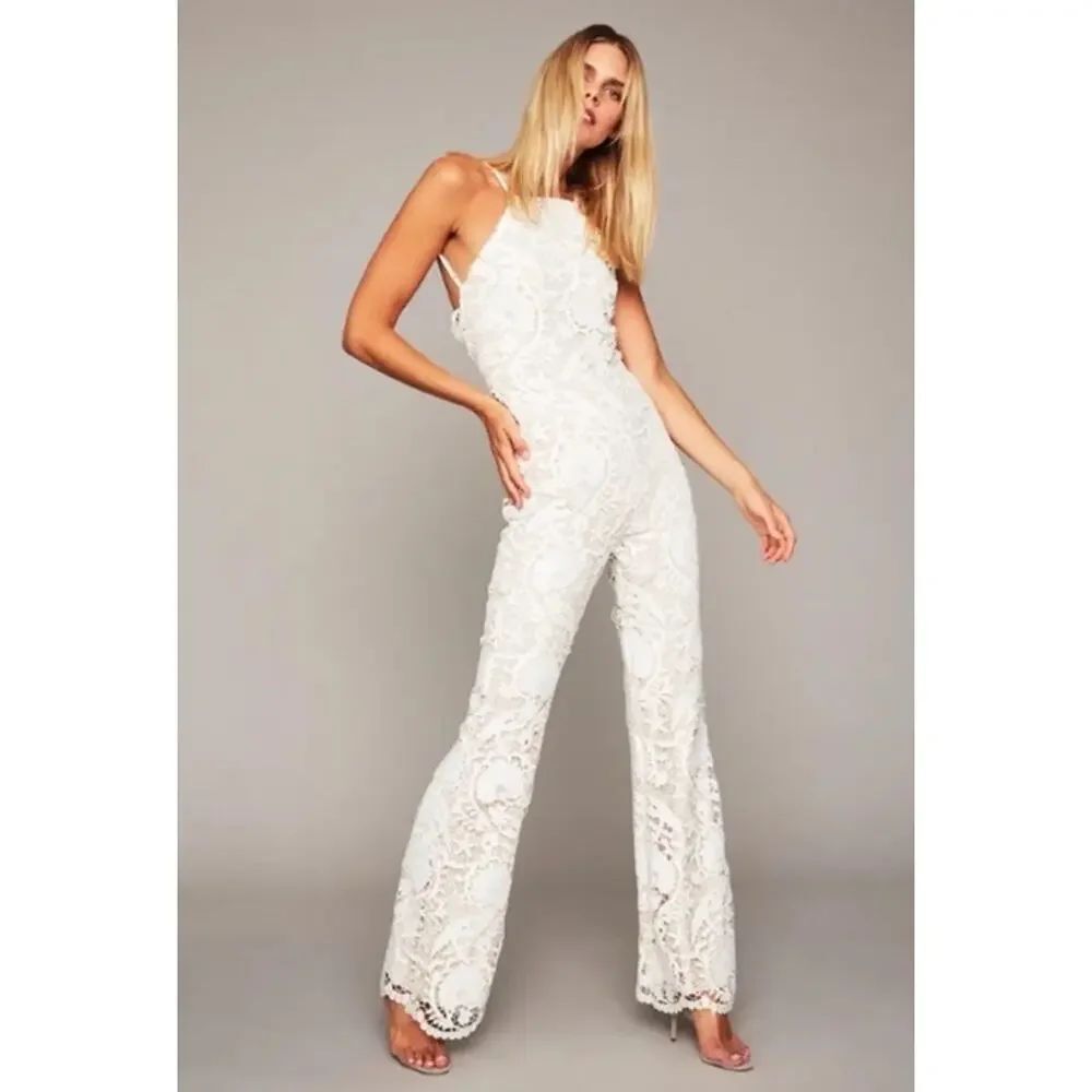 Stone Cold Fox Dylan Lace Jumpsuit Ivory Nude Lined Open Back Size 0 - Picture 2 of 15